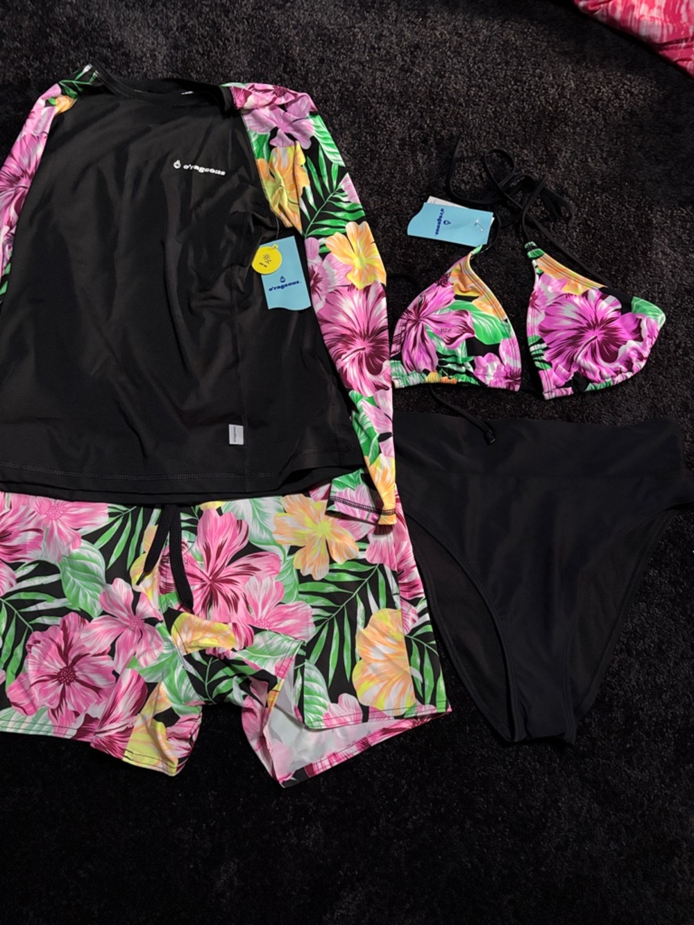 Kids' Black Rash Guard Set with Pink & Yellow Floral Bikini